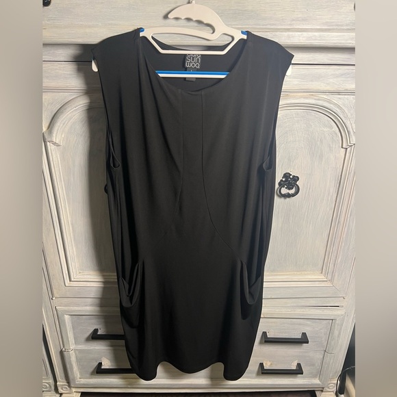 Clara Sun Woo Black Sleeveless Jersey Tunic Mini Dress Minimalist Lagenlook - Picture 1 of 6